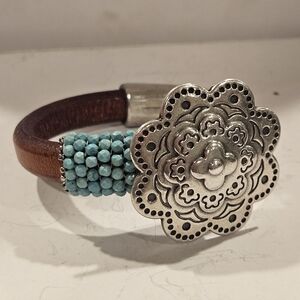 Hand Stitched Tiny Turquoise Leather Floral Cuff Bracelet